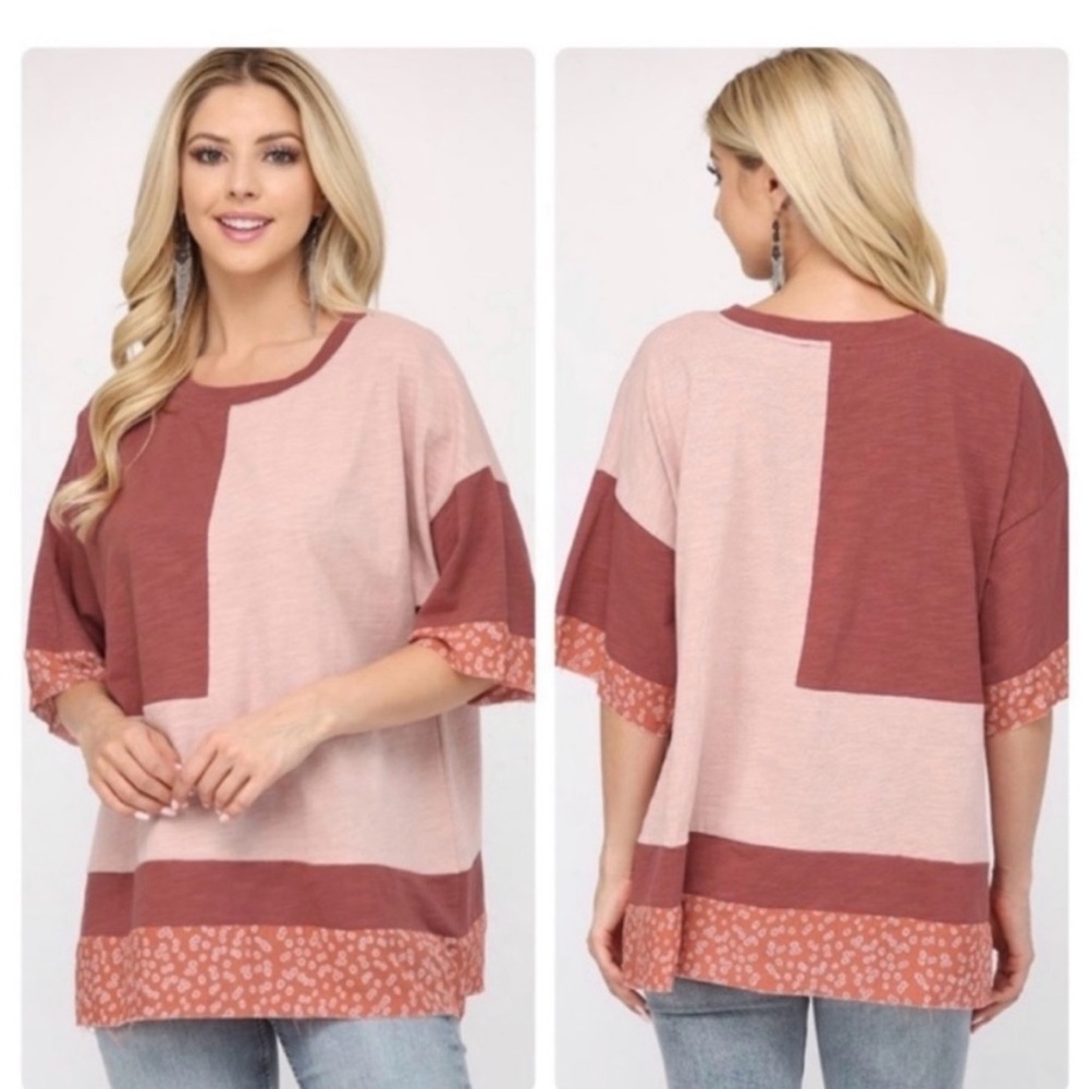 NEW Color Block and Floral Print Mix Round Neck Top